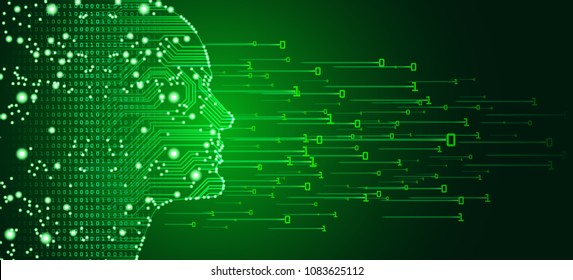 Big data and artificial intelligence concept. Machine learning and cyber mind domination concept in form of men face outline outline with circuit board and binary data flow on blue background.