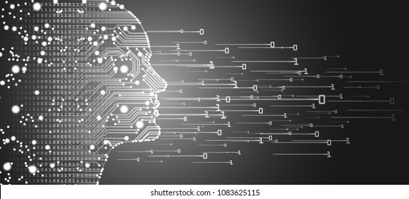 Big data and artificial intelligence concept. Machine learning and cyber mind domination concept in form of men face outline outline with circuit board and binary data flow on silver background.