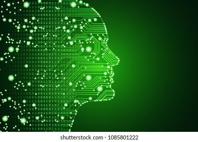 Big data and artificial intelligence concept. Machine learning and cyber mind domination concept in form of men face outline outline with circuit board and binary data flow on green background.