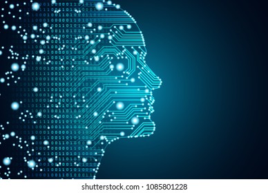 Big data and artificial intelligence concept. Machine learning and cyber mind domination concept in form of men face outline outline with circuit board and binary data flow on blue background.