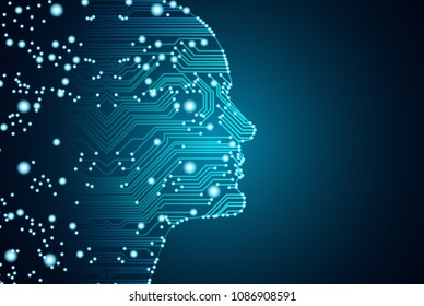 Big data and artificial intelligence concept. Machine learning and cyber mind domination concept in form of men face outline outline with circuit board and binary data flow on blue background.