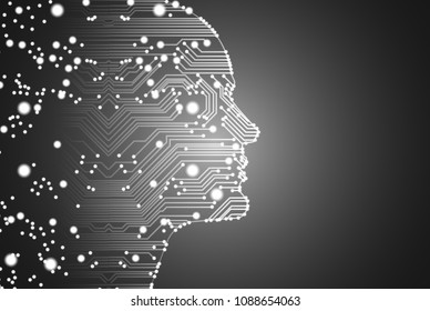 Big data and artificial intelligence concept. Machine learning and cyber mind domination concept in form of men face outline outline with circuit board and binary data flow on silver background.