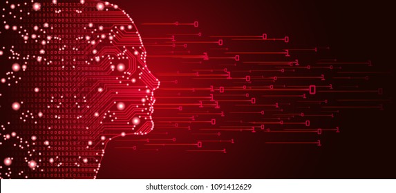 Big Data und künstliche Intelligenz Konzept. Maschinelles Lernen und Cyber-Mind-Dominanz-Konzept in Form von Frauen stehen vor Umrissen mit Schaltkreis und binärem Datenfluss auf rotem Hintergrund.