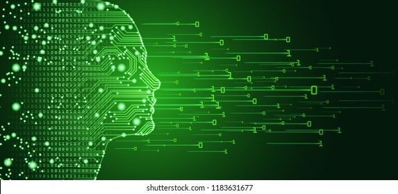 Big data and artificial intelligence concept. Machine learning and cyber mind domination concept in form of women face outline outline with circuit board and binary data flow on red background.