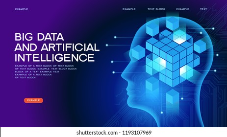 Big data. Artificial intelligence concept. Robot face and building abstract background