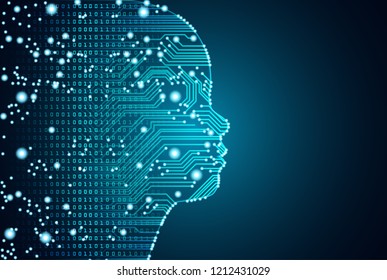 Big data and artificial intelligence concept. Machine learning and cyber mind education concept in form of child face outline with circuit board and binary data flow on blue background.