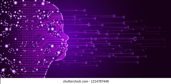 Concepto de datos grandes e inteligencia artificial. Concepto de aprendizaje automático y educación de la mente cibernética en forma de contorno de la cara infantil con tarjeta de circuitos y flujo de datos binarios en fondo morado.