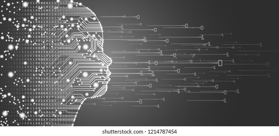 Big data and artificial intelligence concept. Machine learning and cyber mind education concept in form of child face outline with circuit board and binary data flow on silver background.