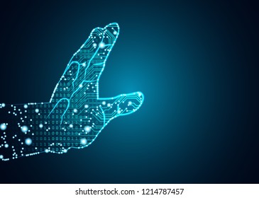 Big data and artificial intelligence concept. Machine learning and cyber mind domination concept in form of men palm outline with circuit board and binary data flow on blue background.