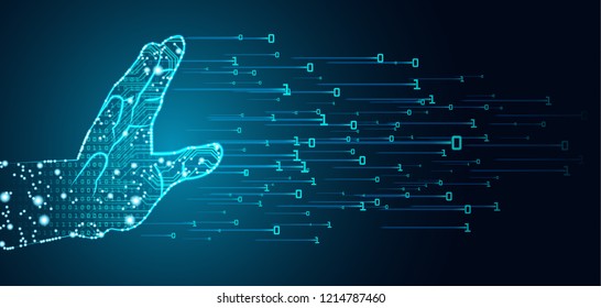 Big data and artificial intelligence concept. Machine learning and cyber mind domination concept in form of men palm outline with circuit board and binary data flow on blue background.