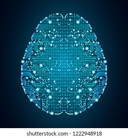 Big data and artificial intelligence concept. Machine learning and cyber mind domination concept in form of human brain outline outline with circuit board and binary data flow on blue background.