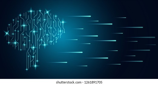 Big data and artificial intelligence concept. Machine learning and cyber mind domination concept in form of human brain outline outline with circuit board. vector.
