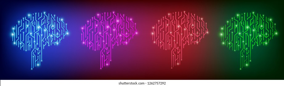 Big data and artificial intelligence concept. Machine learning and cyber mind domination concept in form of human brain outline outline with circuit board. vector.