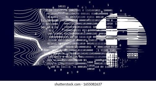 Big data and Artificial Intelligence Concept. Glitched binary matrix and wavy surface of topographic map.