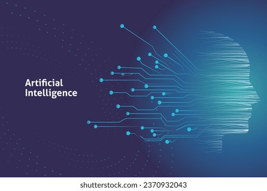 Big data and artificial intelligence concept. Machine learning and network thinking humanoid face with outline, circuit board and data flow on blue background.