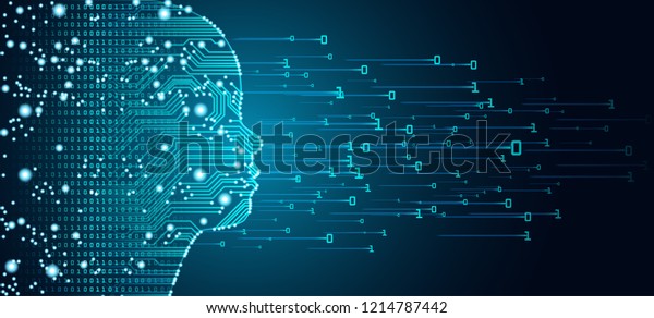ビッグデータと人工知能 のコンセプト 青の背景に回路基板とバイナリデータフローを持つ子どもの顔の輪郭の形での機械学習とサイバーマインド教育のコンセプト のベクター画像素材 ロイヤリティ フリー