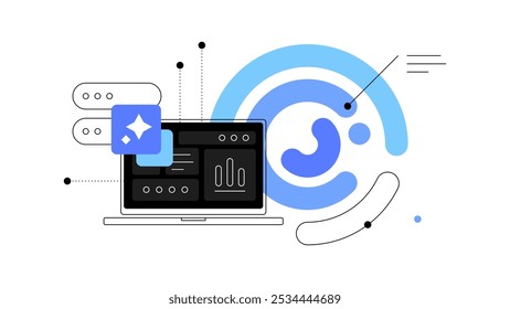 Big data e inteligencia artificial. Ilustración plana. Archivo de Vector.