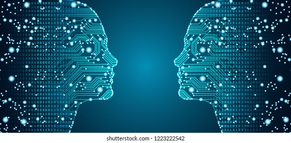 Big data, artificial intelligence, machine learning in online face-to-face marketing concept in form of two woman faces outline with circuit board and binary data flow on blue background.