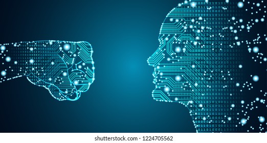 Big data and artificial intelligence penetration concept. Machine learning and computer hacking concept in form of men fist panching men head outline outline with circuit board and binary data flow.