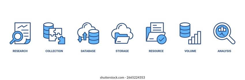 Big data banner web ícone vetor ilustração conceito com ícone de pesquisa, coleção, banco de dados, armazenamento, recursos, volume e análise