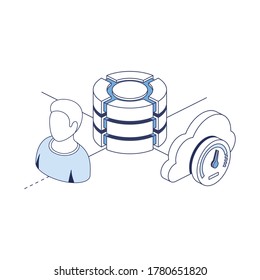 Big data base user clouds speed. Vector 3d line isometric, color web icons set, new flat style. Creative illustration, idea for infographics.