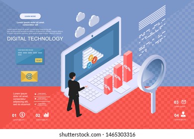 Big data business analysis landing page template charts and analyzing statistics
