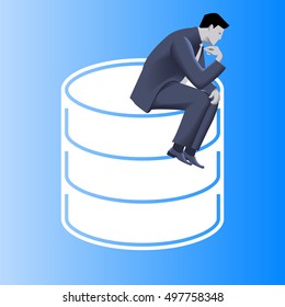 Big data business concept. Pensive businessman in business suit sits on top of huge database sign. Symbols of data driven business. Vector illustration. Use as template, logo, background.