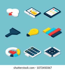 Big Data Business Isometric Objects. Vector Website Concept Icons.