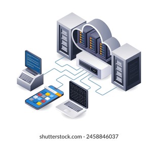 Ilustración 3D isométrica plana de la infografía de la tecnología del servidor de la nube del centro de datos grande