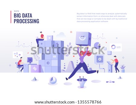 Big data center concept. People collect, store and analyze data. Data processing and analysis. Flat design illustration for web banners and printed materials