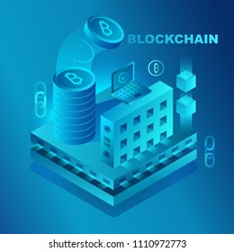 Big data center, cryptocurrency and blockchain isometric composition banner template concept vector illustration.