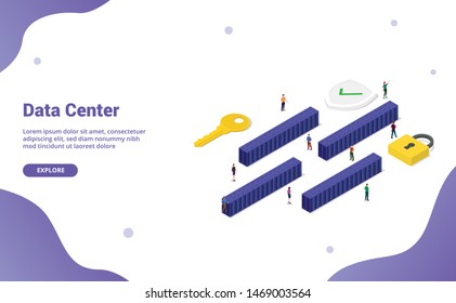 big data center with many server room block with modern isometric flat style and team people for website template or landing homepage - vector
