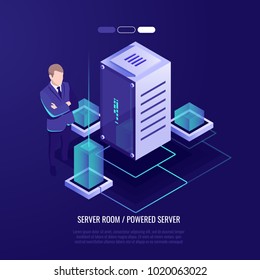 Big data center, professional hosting concept, man stay with server rack room isometric vector illustration ultraviolet background Big data center, professional hosting concept, man stay with server rack room isometric vector illustration ultraviolet background