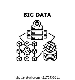Big Data Center Vector Icon Concept. Big Data Center With Electronic Equipment Servers For Storage Media Files And Websites, Worldwide Connection. Technician Maintenance And Support Black Illustration