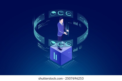 Big Data Chart Analysis in Server Room: Man looks at graphic chart, Business Admin with Virtual Reality Interface, Neon Isometric Illustration