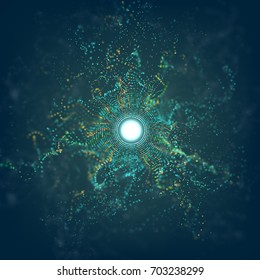 Big Data Circle Particle Grid Explosion With Bokeh. Ai Abstract Vector Flare Background. Futuristic Dust.