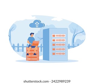 Big Data and Cloud Computing. Businessman sitting in rack  using remote servers to analyzing large sets of data and recognizing mistakes. flat vector modern illustration 