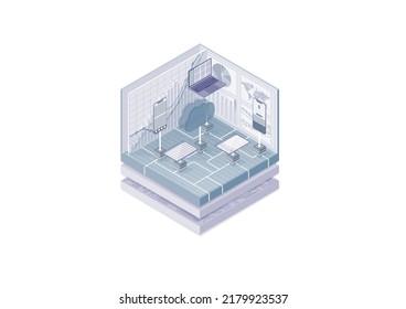 Big Data And Cloud Computing Concept. Isometric Vector Illustration Of Data Analytics Of Large Volume Of Data. Blue And White Web Banner. 