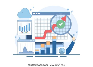 Big Data and Cloud Computing Concept. Businesses use remote servers to analyze large data sets and identify errors. Actionable data concept. Flat vector illustration on background.