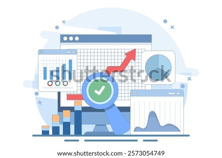 Big Data and Cloud Computing Concept. Businesses use remote servers to analyze large data sets and identify errors. Actionable data concept. Flat vector illustration on background.