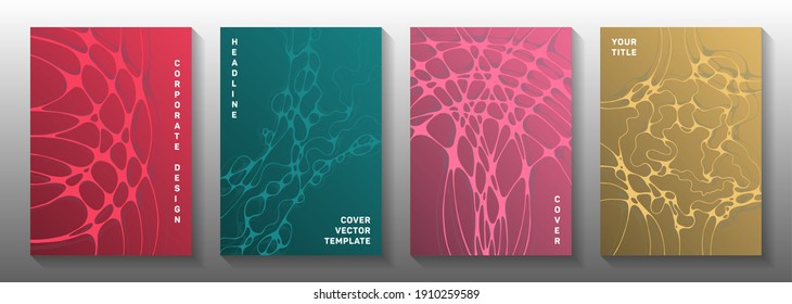 Big data cloud concept abstract vector covers. Curly curve lines plexus backdrops. Vibrant notebook vector templates. Engineering cover pages graphic design set.