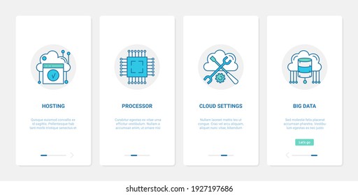Big data cloud hosting internet technology vector illustration. UX, UI onboarding mobile app page screen set with line modern hardware host server settings, datacenter computer online tech service