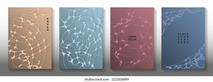 Big data cloud idea abstract vector covers. Bent waves bubble backgrounds. Delicate cover vector layouts. Hi tech cover pages graphic design set.