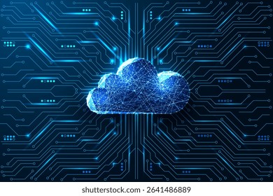 Big data, cloud networking, and smart technology concept with glowing blue polygonal cloud on circuit board pattern. Futuristic low poly style, abstract vector illustration.