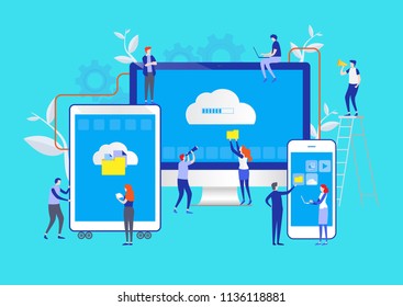 Big Data. Cloud Online Data. Storage System. Flat cartoon miniature  illustration vector graphic on white background.
