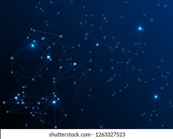 Big Data Cloud Scientific Concept. Network Nodes Plexus Dark Blue Background. Dots Nodes Points Lines Particles. Molecule, Atoms Or Neurons. Tech Vector Big Data Visualization Cloud Structure.