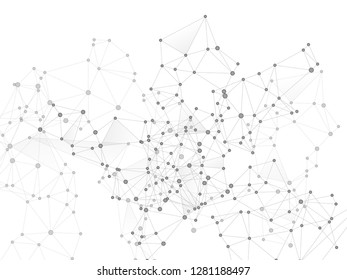 Big data cloud scientific concept. Network nodes greyscale plexus background. Wireframe minimal design. Tech vector big data visualization cloud structure. Net grid of node points, lines matrix.