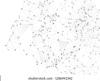 Big data cloud scientific concept. Network nodes greyscale plexus background. Molecule, atoms or neurons. Tech vector big data visualization cloud structure. Linked dot nodes and lines low poly.