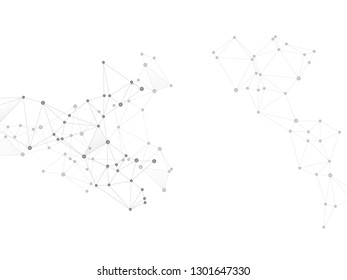 Big data cloud scientific concept. Network nodes greyscale plexus background. Virtual reality polygin design. Circle nodes and line elements. Tech vector big data visualization cloud structure.