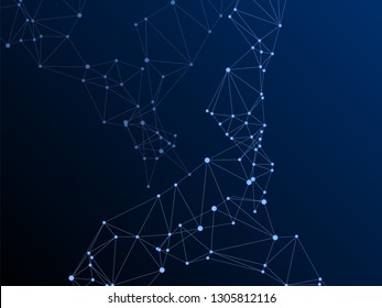 Big data cloud scientific concept. Network nodes plexus dark blue background. Fractal hub nodes connected by lines. Tech vector big data visualization cloud structure. DNA helix strand, molecule.